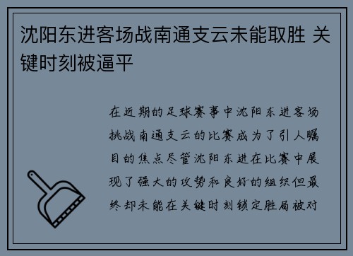 沈阳东进客场战南通支云未能取胜 关键时刻被逼平