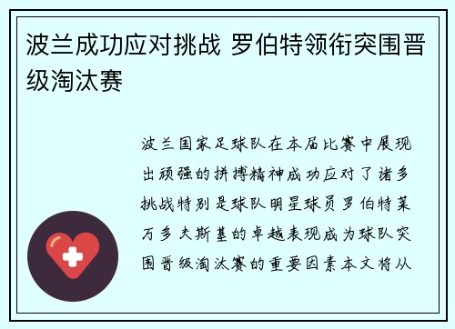 波兰成功应对挑战 罗伯特领衔突围晋级淘汰赛