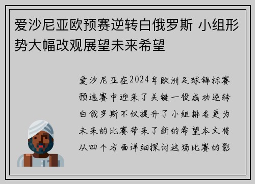 爱沙尼亚欧预赛逆转白俄罗斯 小组形势大幅改观展望未来希望